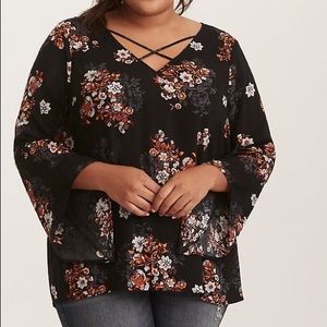 Floral Print cross front bell sleeve challis Top